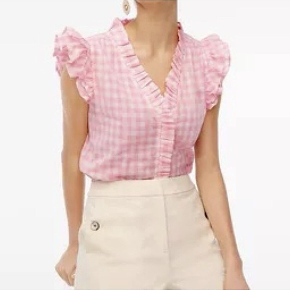 J. Crew Womens Ruffle Pink Gingham Blouse Size S Cotton Girly Feminine Beachy